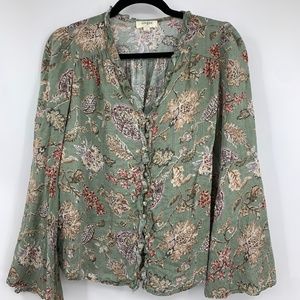 Umgee small blouse babydoll cotton blend button front floral boho romantic green